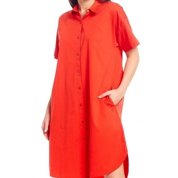 Eileen Fisher Dresses & Skirts - Eileen Fisher Short Sleeve Knee Length Button Up Shirt Dress Red Women's Size XS